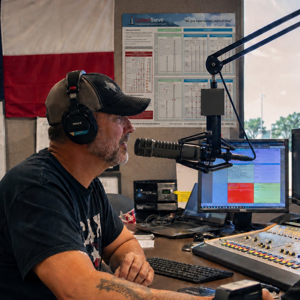 On-air engineer at a Texas radio station, with a LumenServe tower-lighting compliance chart on the studio wall