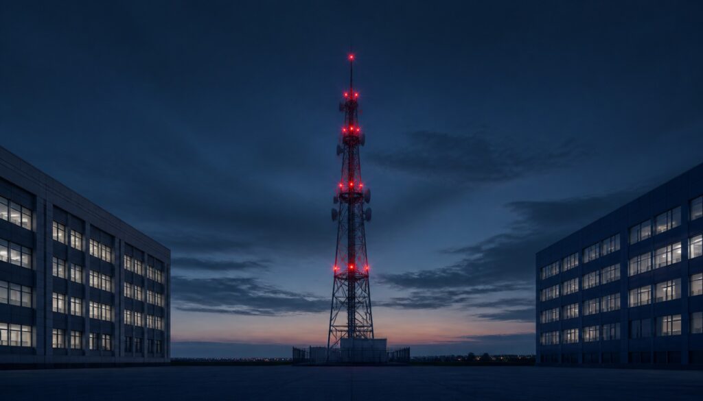 Telecommunications tower with red obstruction lights glowing at dusk, representing FCC Part 17 compliance